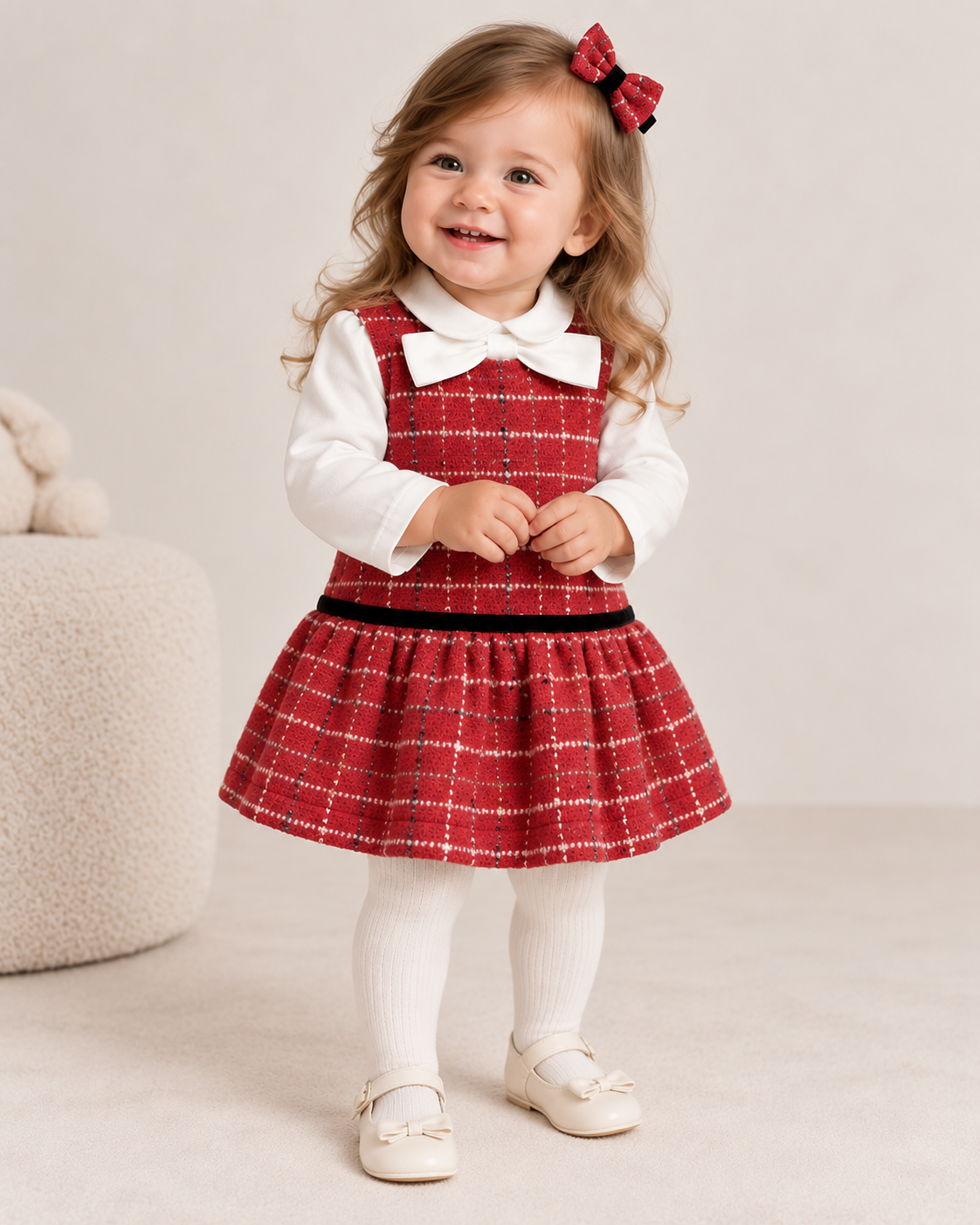 Chanel-Inspired Baby Girl Plaid Dress Set with Bow