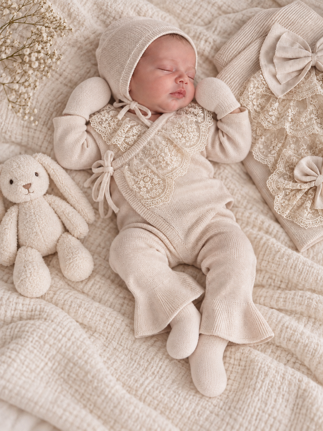 Newborn Baby Coming Home Set – Cotton Knit & Lace