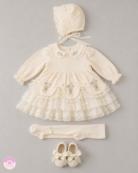 Baby Girl Lace Dress Set with Bonnet, Tights & Shoes | 4-Piece Elegant Outfit
