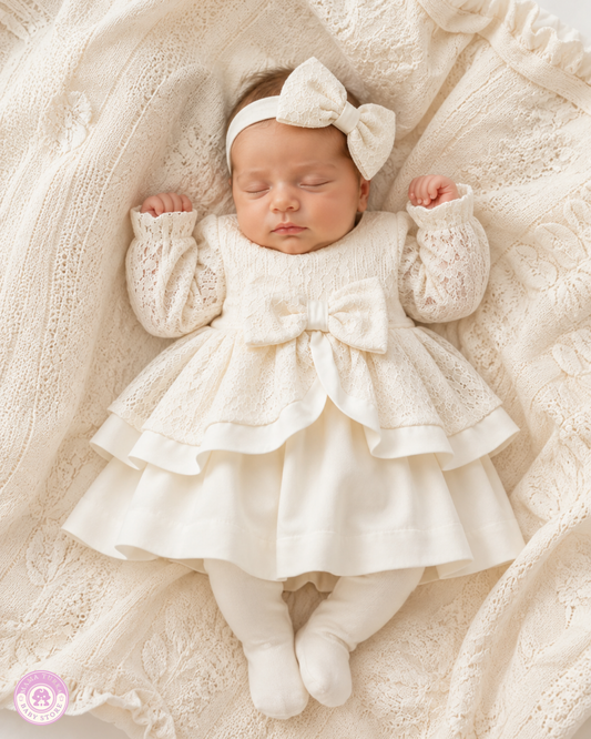 Newborn Baby Girl Lace Coming Home Outfit Set – Ivory Dress, Bow Headband & Tights