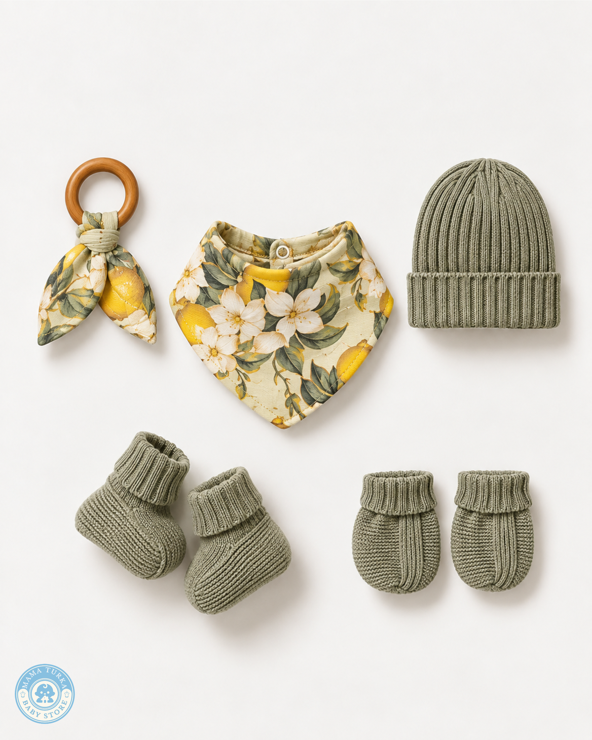 Newborn Baby Cotton & Muslin Layette Set with Lemon Floral Swaddle