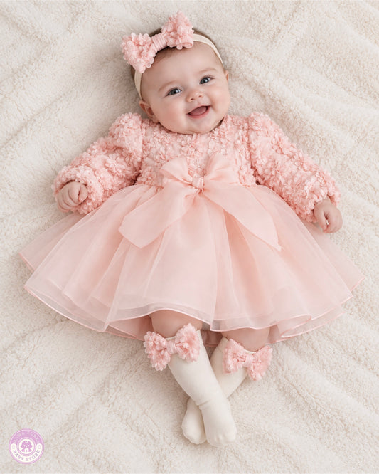 Baby Girl 3D Floral Tulle Dress Set with Headband & Bow Socks