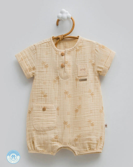 Baby boy summer muslin romper in sand beige with palm print and front pocket