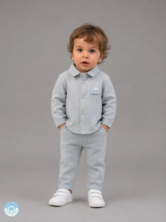 Baby boy wearing sky blue cotton suit set with shirt and trousers