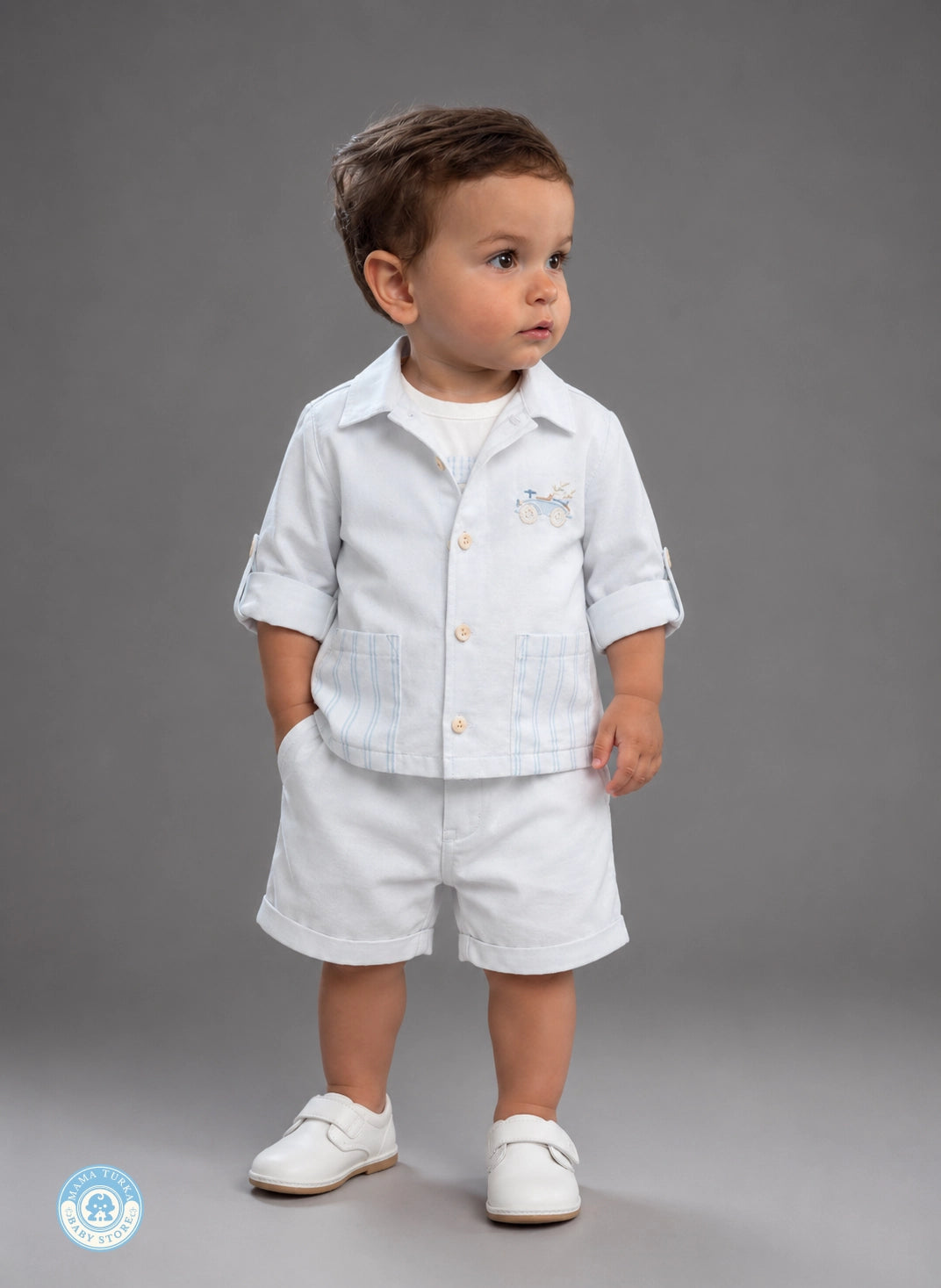 Baby boy wearing sky blue summer outfit set with shirt, shorts and white t-shirt