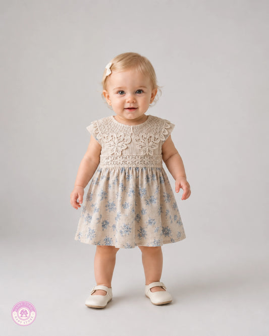 Baby girl wearing elegant cotton dress with lace details and blue floral print