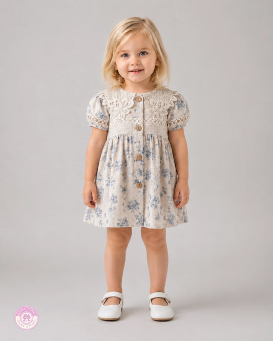 Girl wearing blue floral cotton dress with lace details