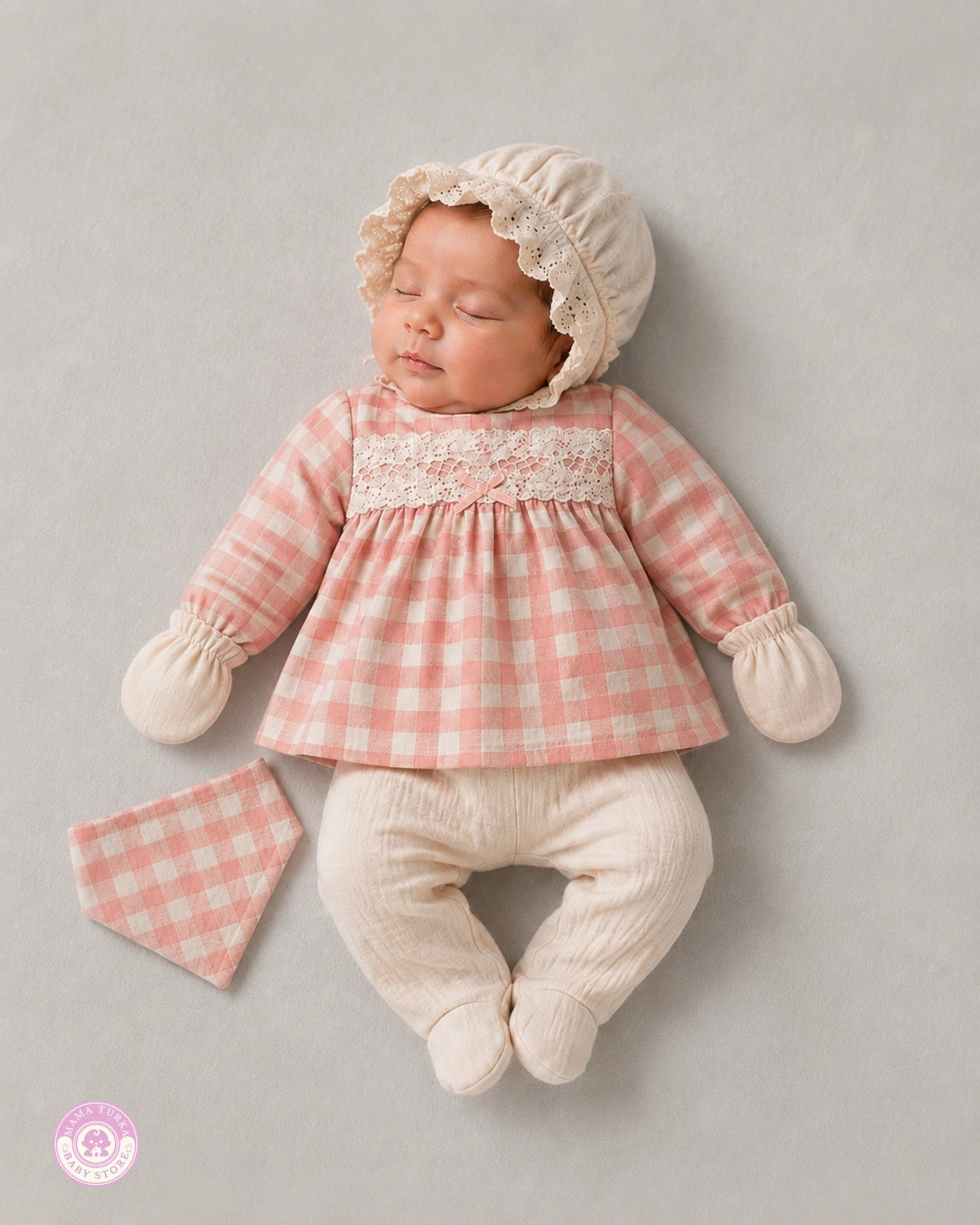 Newborn baby wearing pink gingham cotton set with bonnet and footed pants by Mama Turka