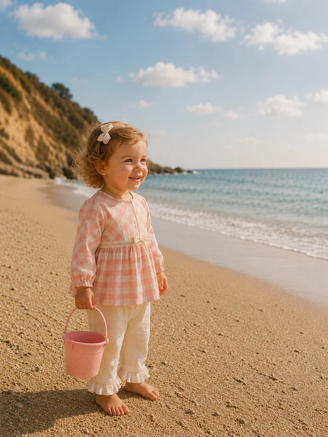 Baby girl outfit in plaid cotton with blouse and pants, worn on the beach