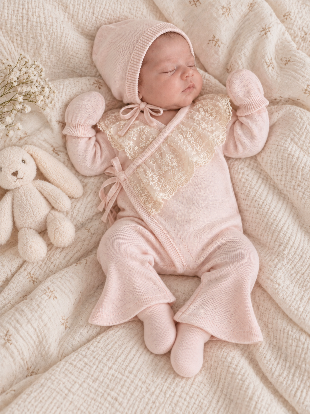 Newborn Baby Coming Home Set – Cotton Knit & Lace