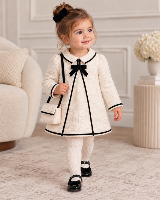 Chanel-Inspired Baby Girl Tweed Dress Set with Bag & Headband
