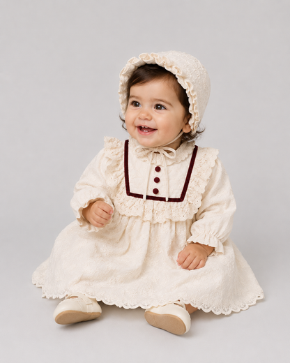 Vintage Lace Baby Girl Dress with Matching Bonnet