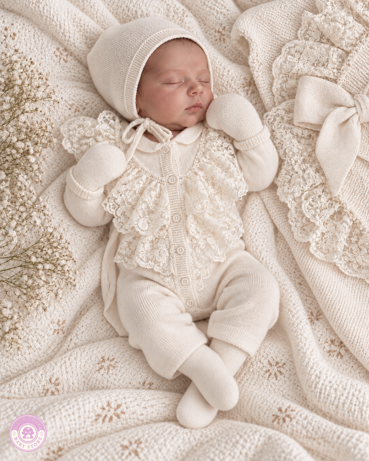 Amélie Newborn Cotton Knit Lace Set 5 piece