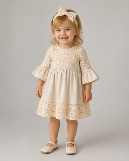 Lace & Linen Baby Dress with Matching Headband
