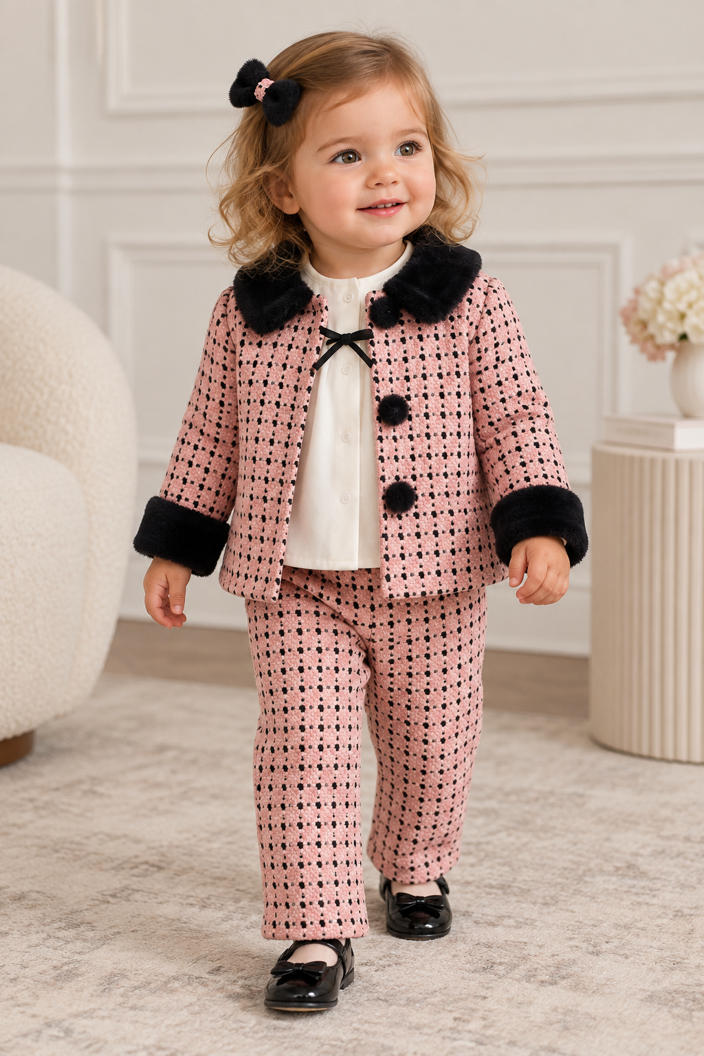 Baby Girl Pink Tweed 3-Piece Outfit with Faux Fur Jacket