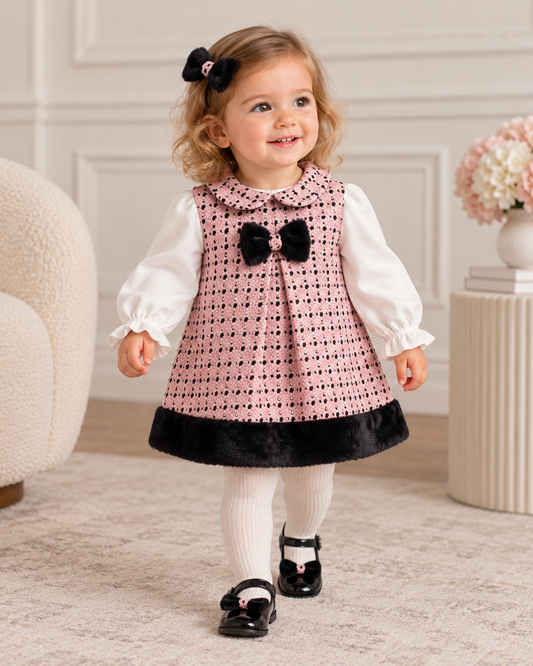 Baby Girl Pink Tweed Dress with Faux Fur & Bow