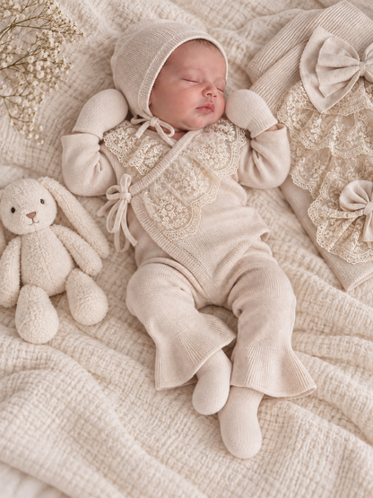 Newborn Baby Coming Home Set – Cotton Knit & Lace