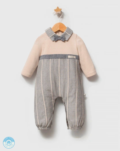 Blue cotton bow tie outfit set for baby boys with striped trousers and soft collar detail