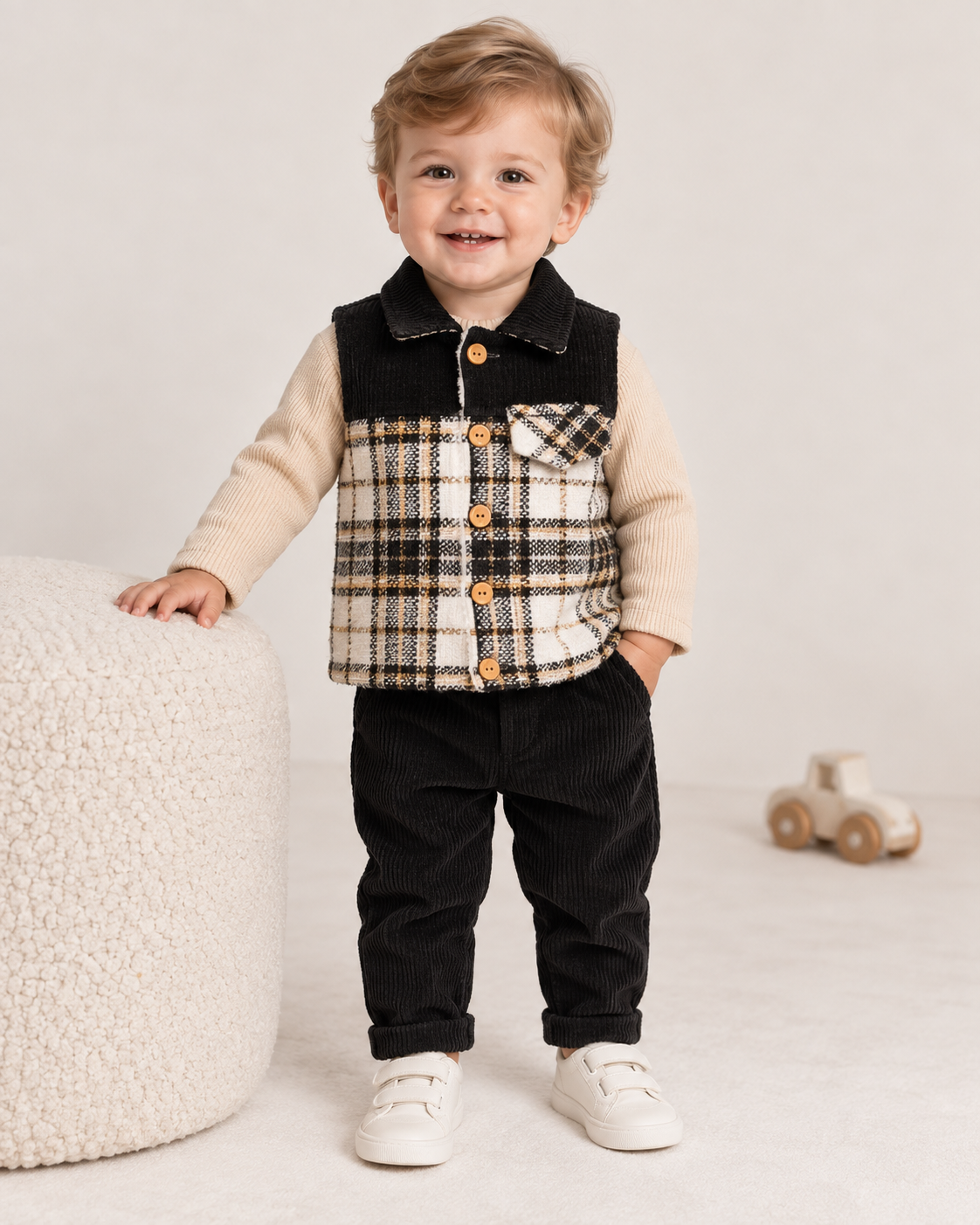Baby Boy Plaid 3-Piece Set with Vest & Trousers