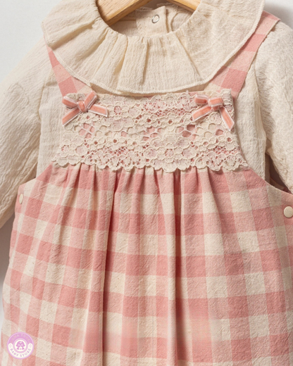 Vintage Baby Girl Gingham Romper Set with Blouse & Headband