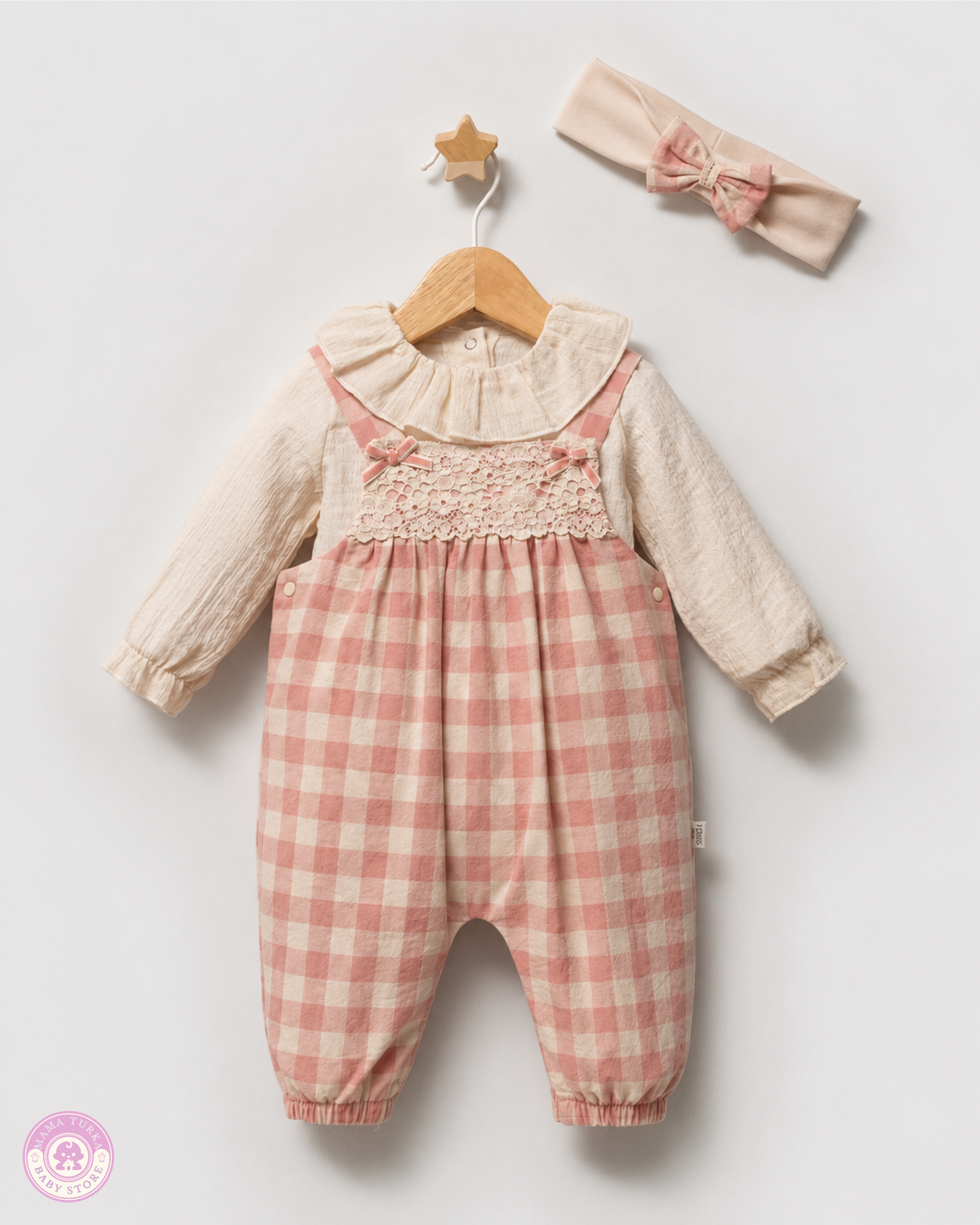 Vintage Baby Girl Gingham Romper Set with Blouse & Headband