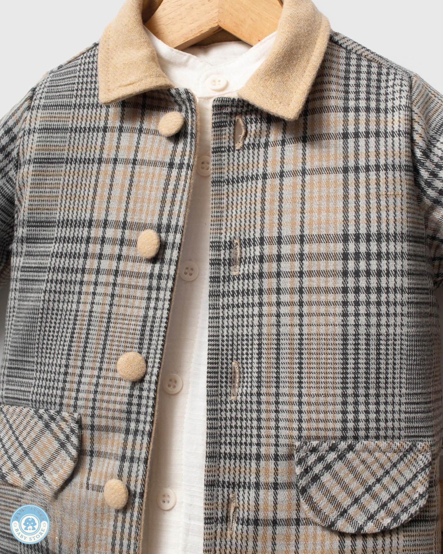 Premium Baby Boy 3-Piece Outfit Set – Plaid Jacket, Long Sleeve Top & Trousers