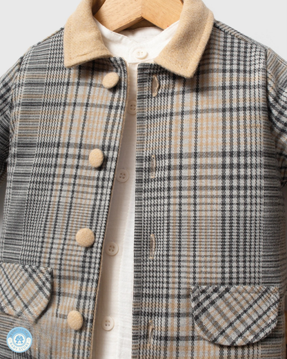 Premium Baby Boy 3-Piece Outfit Set – Plaid Jacket, Long Sleeve Top & Trousers