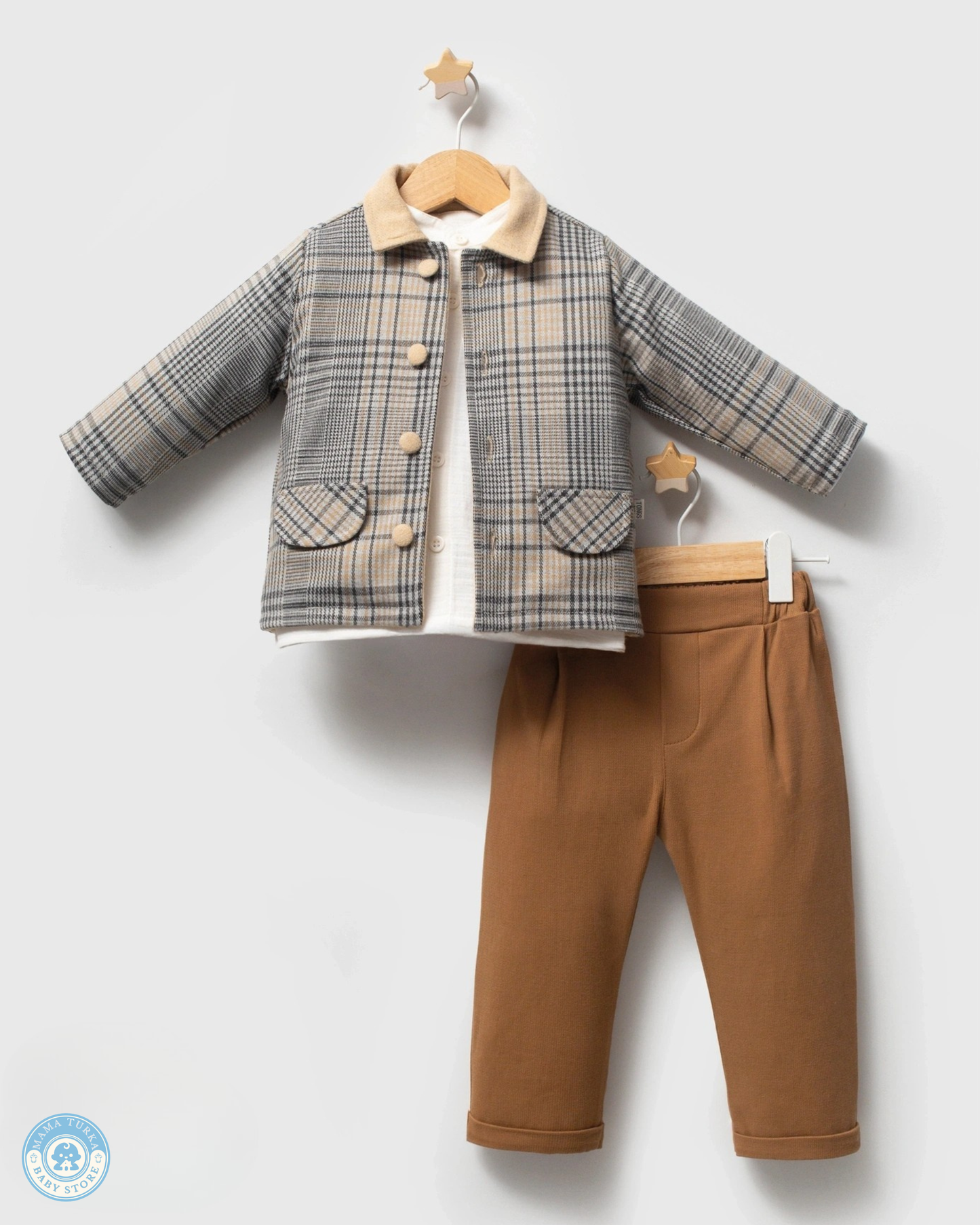 Premium Baby Boy 3-Piece Outfit Set – Plaid Jacket, Long Sleeve Top & Trousers