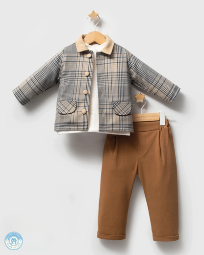 Premium Baby Boy 3-Piece Outfit Set – Plaid Jacket, Long Sleeve Top & Trousers