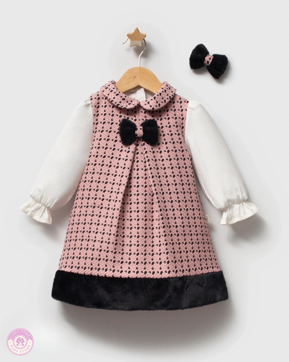 Baby Girl Pink Tweed Dress with Faux Fur & Bow