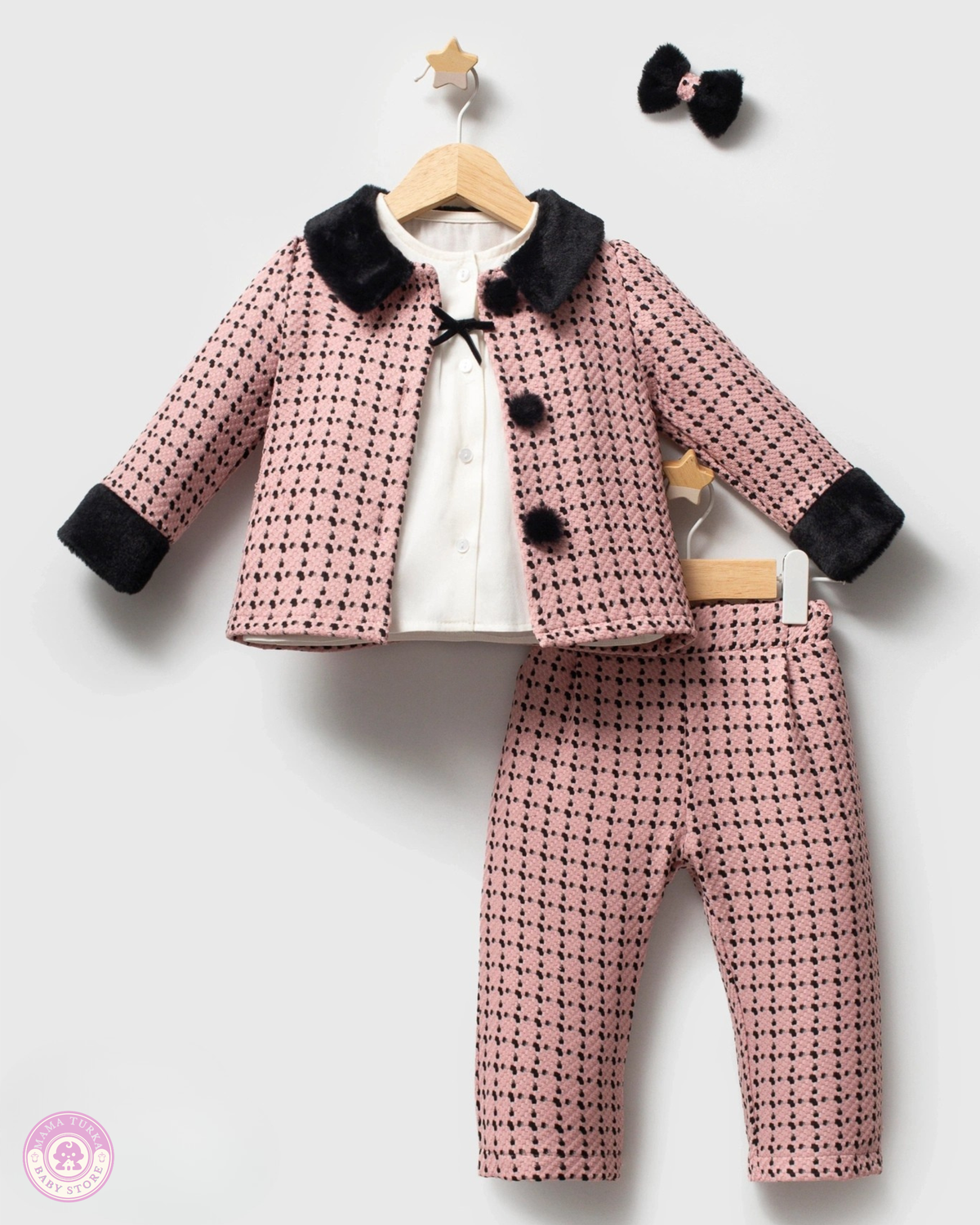 Baby Girl Pink Tweed 3-Piece Outfit with Faux Fur Jacket