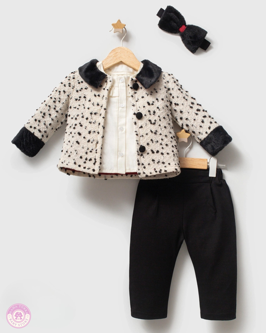 Elegant Baby Girl 3-Piece Tweed Outfit with Faux Fur Jacket