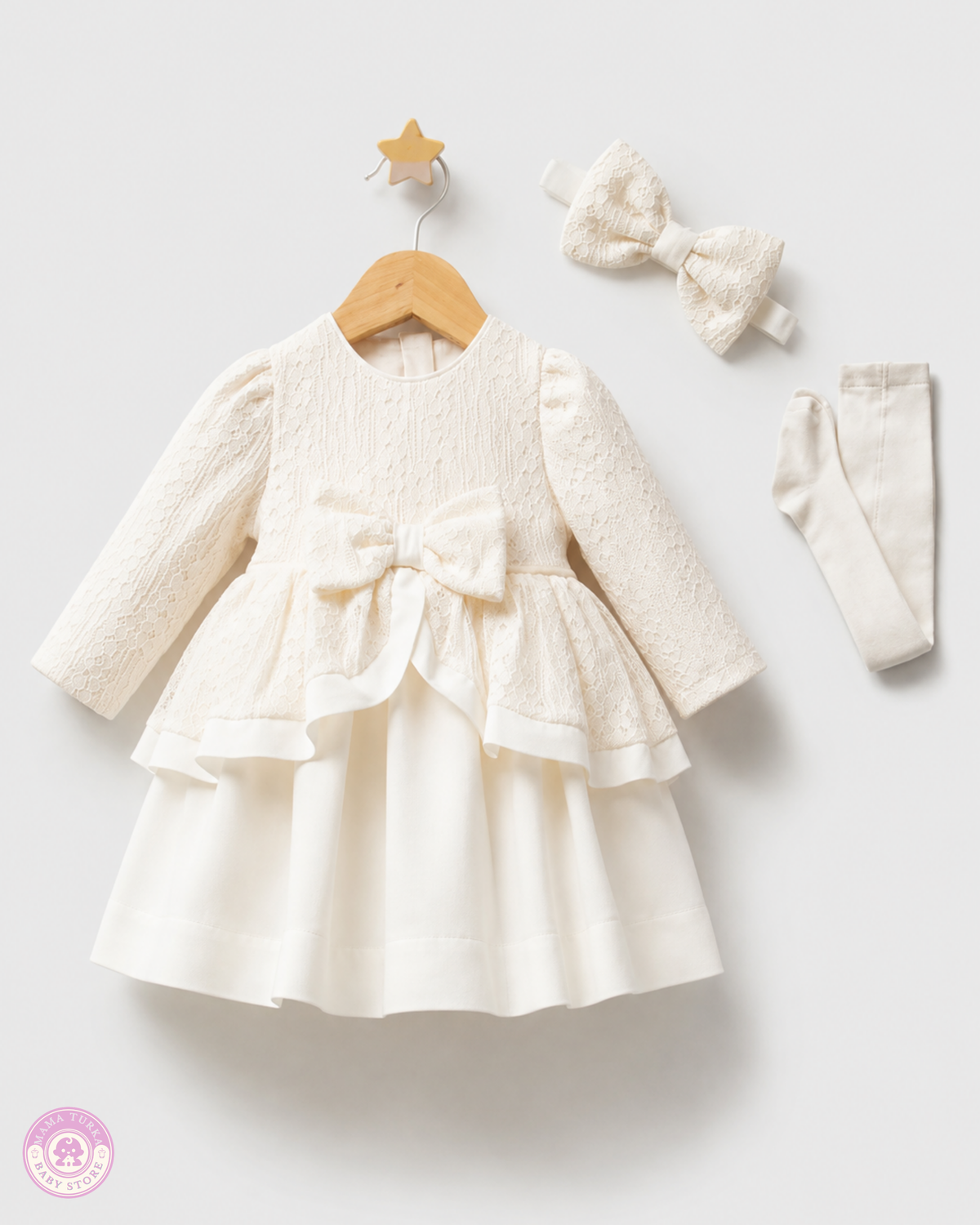 Newborn Baby Girl Lace Coming Home Outfit Set – Ivory Dress, Bow Headband & Tights