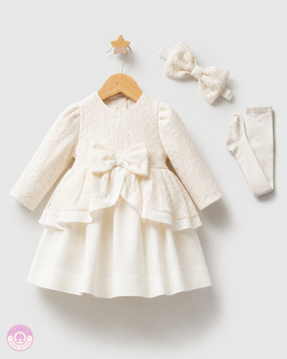 Newborn Baby Girl Lace Coming Home Outfit Set – Ivory Dress, Bow Headband & Tights