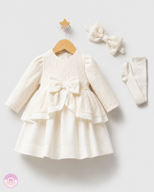 Newborn Baby Girl Lace Coming Home Outfit Set – Ivory Dress, Bow Headband & Tights