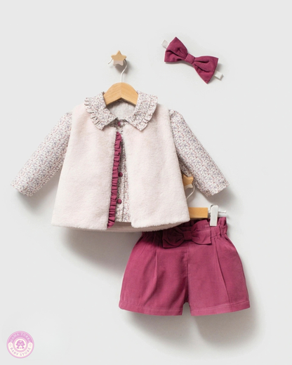 Baby Girl Floral 3-Piece Outfit with Soft Vest & Bow Shorts