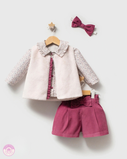 Baby Girl Floral 3-Piece Outfit with Soft Vest & Bow Shorts