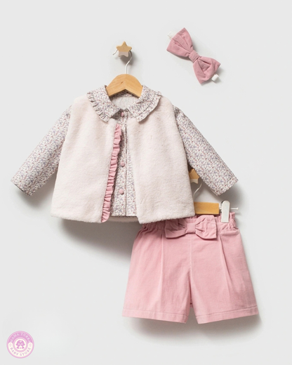 Baby Girl Floral 3-Piece Outfit with Soft Vest & Bow Shorts