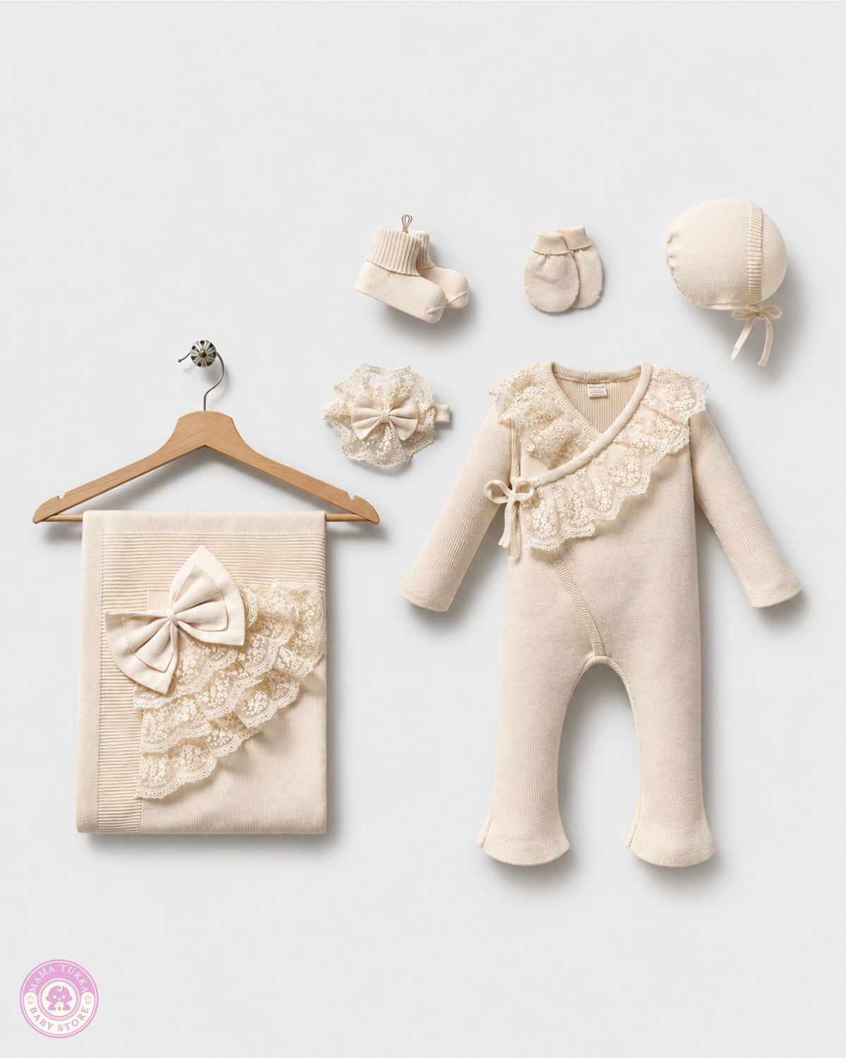 Newborn Baby Coming Home Set – Cotton Knit & Lace
