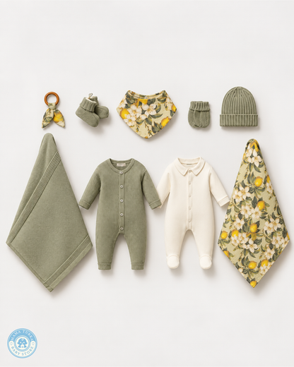 Newborn Baby Cotton & Muslin Layette Set with Lemon Floral Swaddle