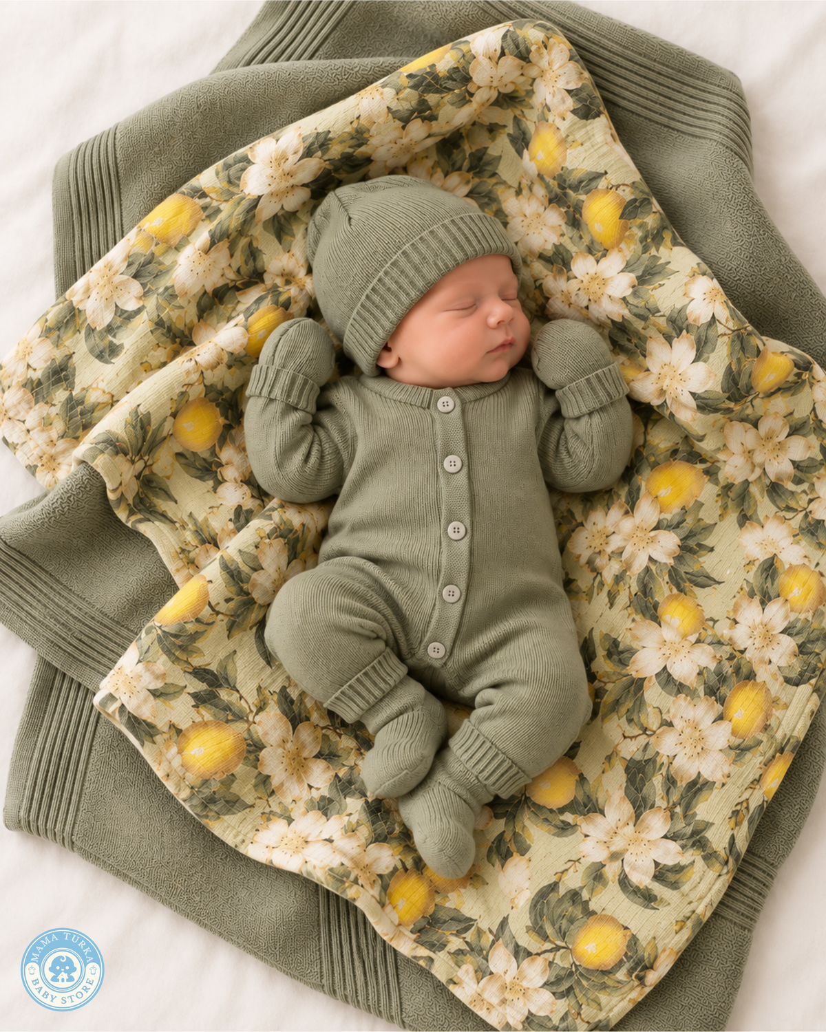 Newborn Baby Cotton & Muslin Layette Set with Lemon Floral Swaddle
