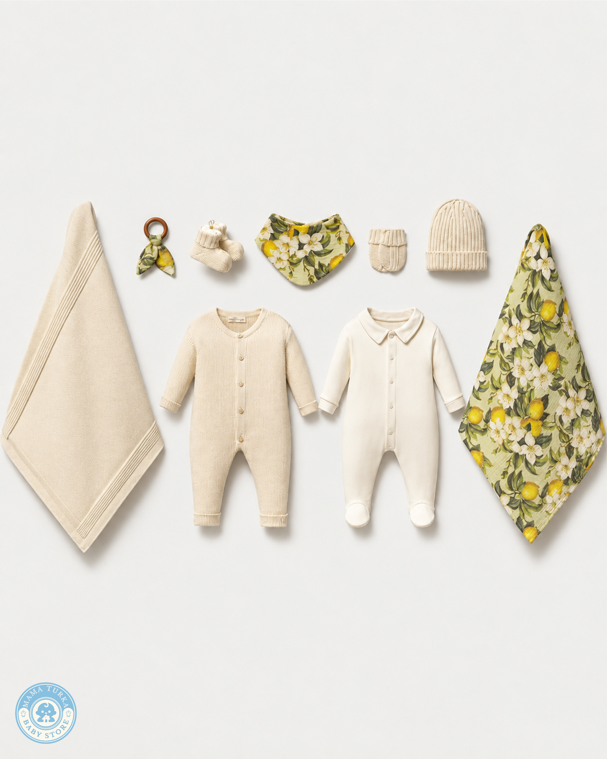 Newborn Baby Cotton & Muslin Layette Set with Lemon Floral Swaddle