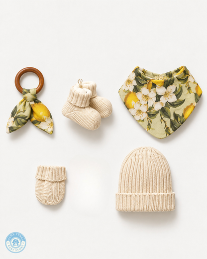 Newborn Baby Cotton & Muslin Layette Set with Lemon Floral Swaddle