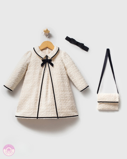 Chanel-Inspired Baby Girl Tweed Dress Set with Bag & Headband