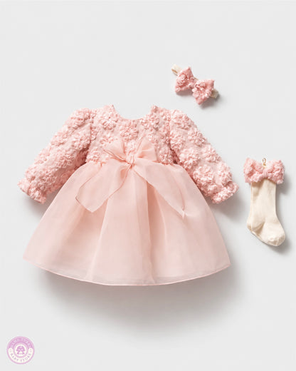 Baby Girl 3D Floral Tulle Dress Set with Headband & Bow Socks
