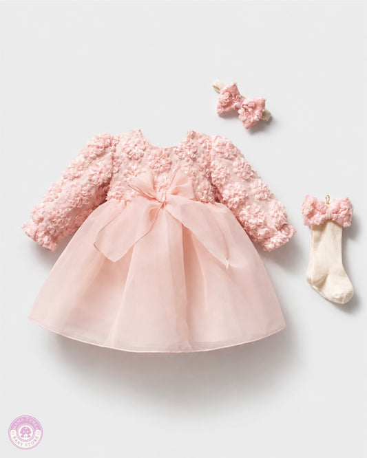 Baby Girl 3D Floral Tulle Dress Set with Headband & Bow Socks