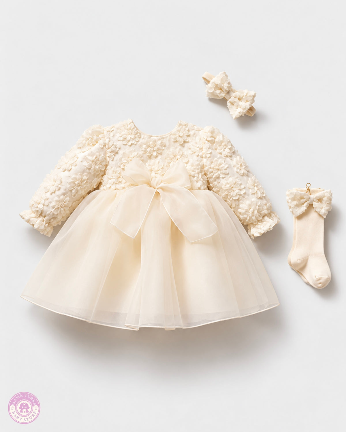 Baby Girl 3D Floral Tulle Dress Set with Headband & Bow Socks
