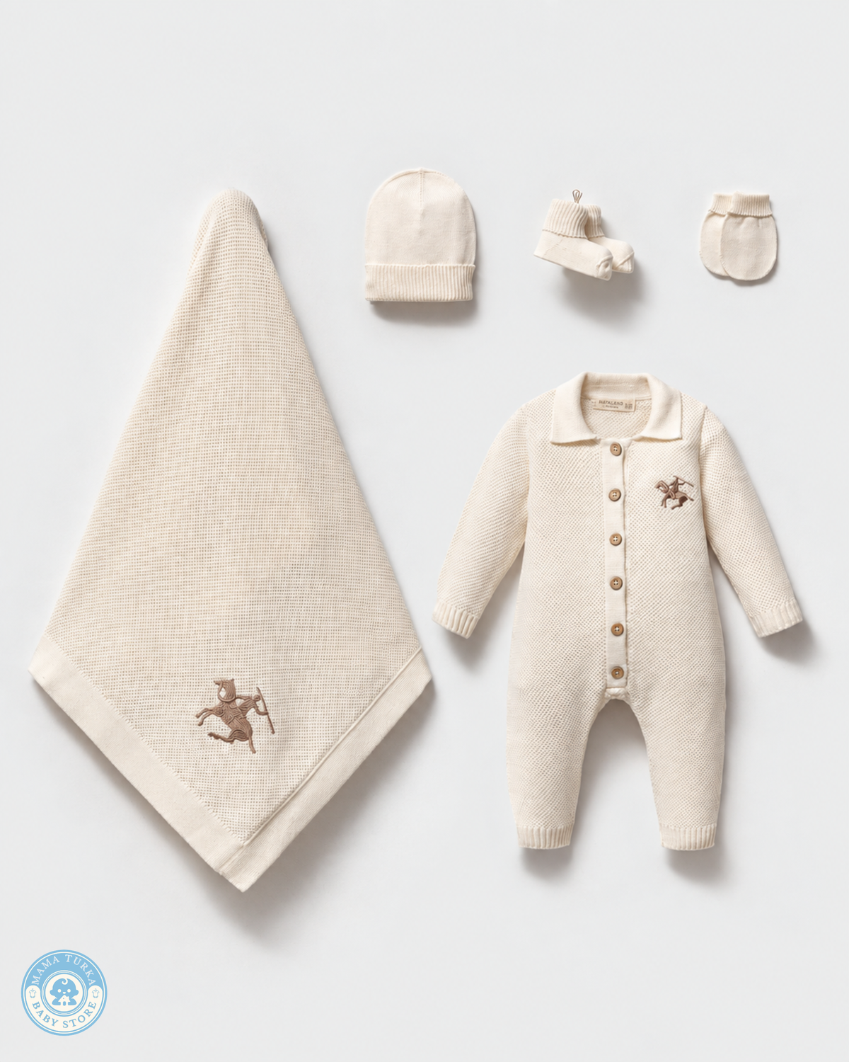 5-Piece Knitted Newborn Baby Set with Blanket – Equestrian Collection