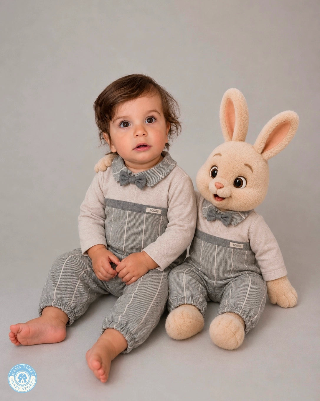 Baby boy wearing an elegant cotton bow tie outfit set in blue and gray with matching plush bunny