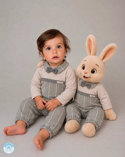 Baby boy wearing an elegant cotton bow tie outfit set in blue and gray with matching plush bunny